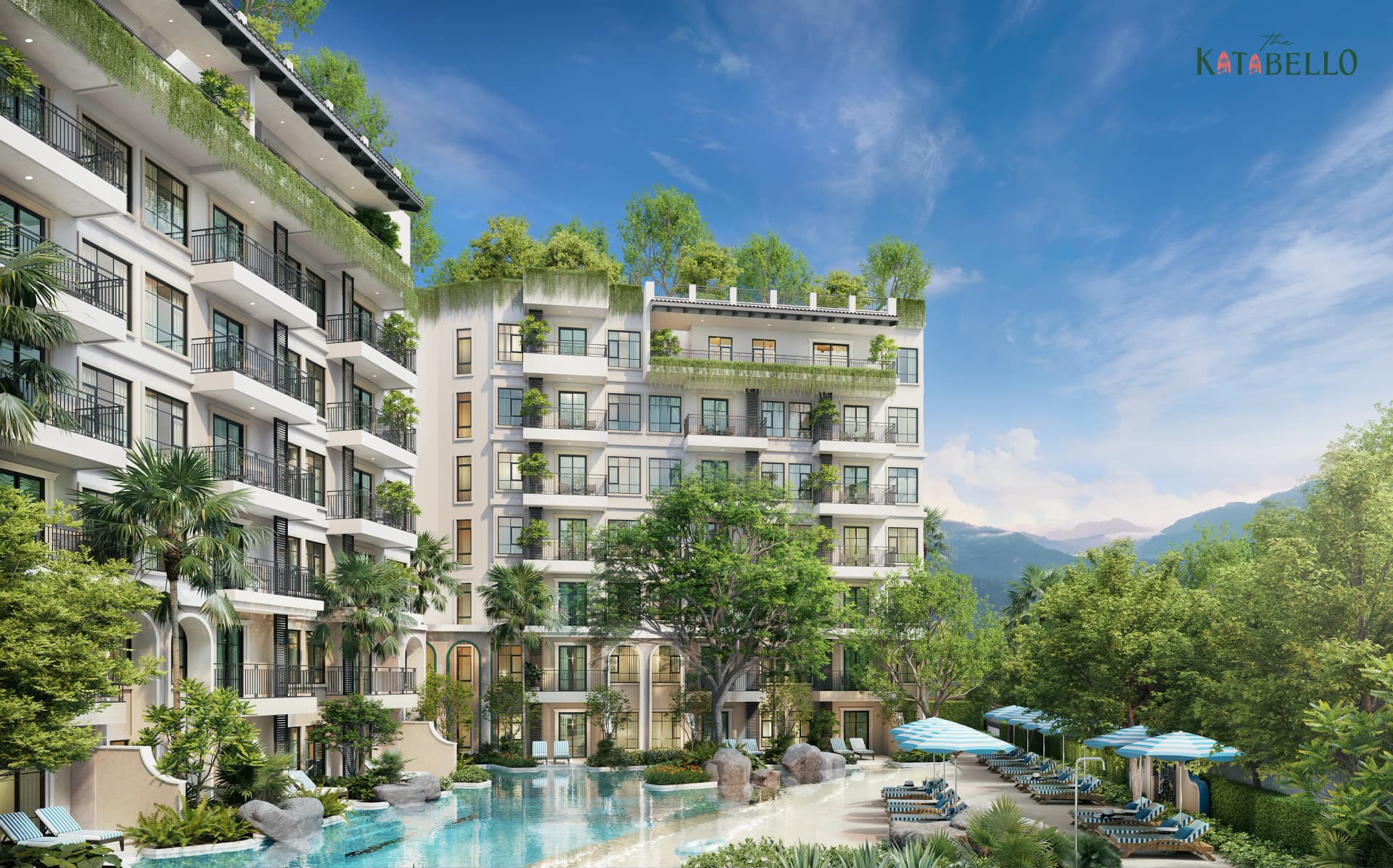 Building D: arched balconies and roof gardens above the lagoon pool, green hills behind