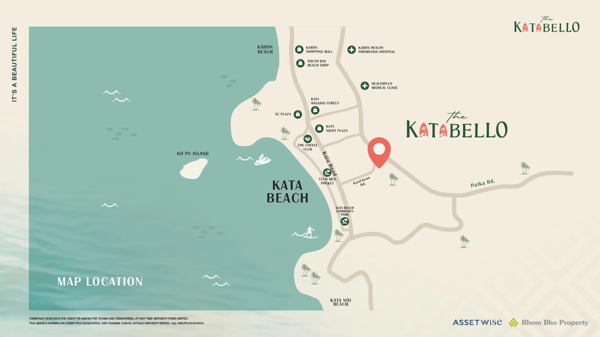 Map of Kata: the project at the Patak Road and Kaed Kean Road junction, Kata Beach, Club Med and Kata Walking Street to the west