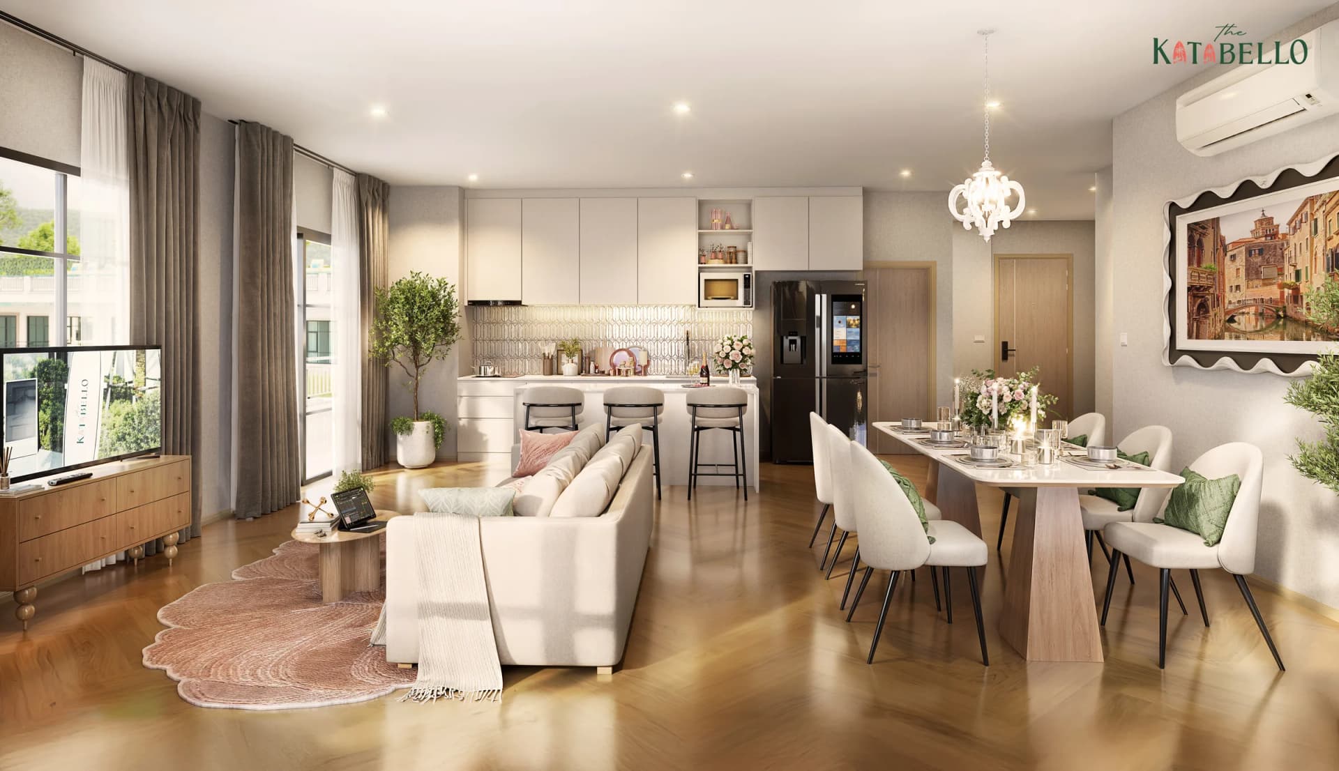 Penthouse PH20, 168 m²: die offene Küche, ein Esstisch für sechs und die Lounge