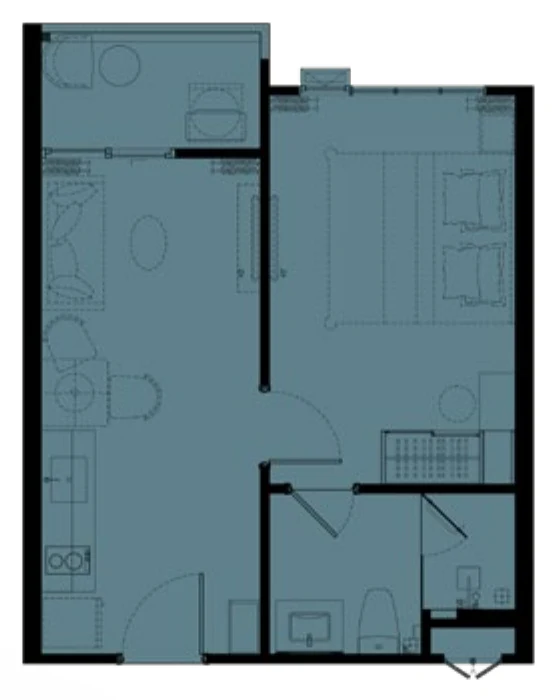 Grundriss der 1 Schlafzimmer L, 37 m², Etagen 2–6 (Zeichnung des Bauträgers)