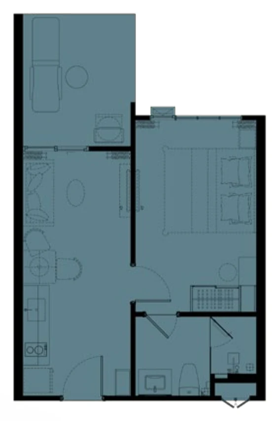Grundriss der 1 Schlafzimmer L auf Etage 1, 41 m² (Zeichnung des Bauträgers)