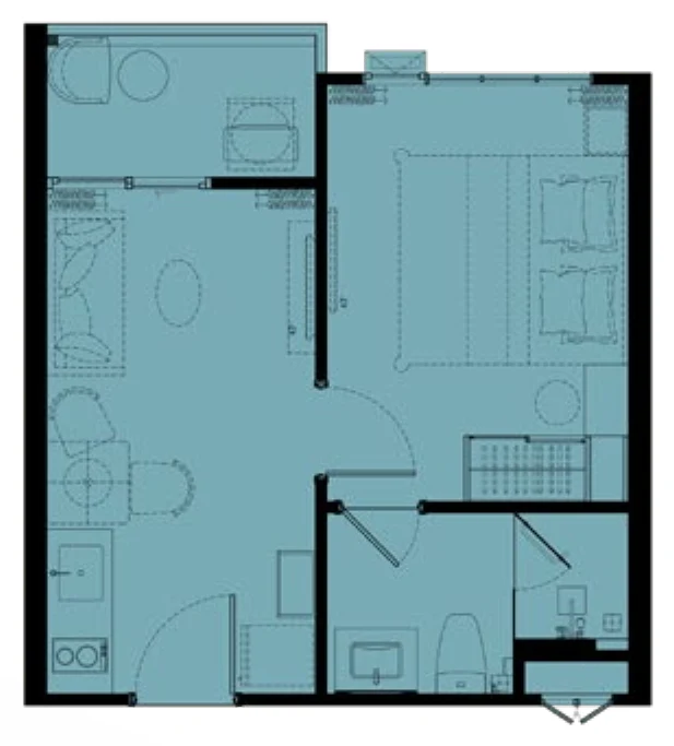 Grundriss der 1 Schlafzimmer M, 32 m², Etagen 2–6 (Zeichnung des Bauträgers)