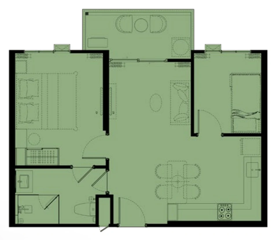 Grundriss der 1 Schlafzimmer Plus L, 56 m², Etagen 2–6 (Zeichnung des Bauträgers)