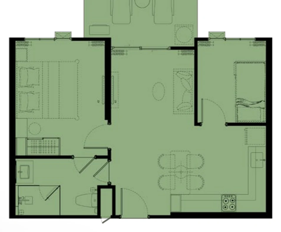 Grundriss der 1 Schlafzimmer Plus L auf Etage 1, 61 m² (Zeichnung des Bauträgers)