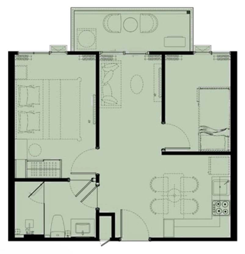Grundriss der 1 Schlafzimmer Plus M, 47 m², Etagen 2–6 (Zeichnung des Bauträgers)