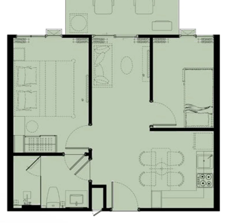 Grundriss der 1 Schlafzimmer Plus M auf Etage 1, 54 m² (Zeichnung des Bauträgers)