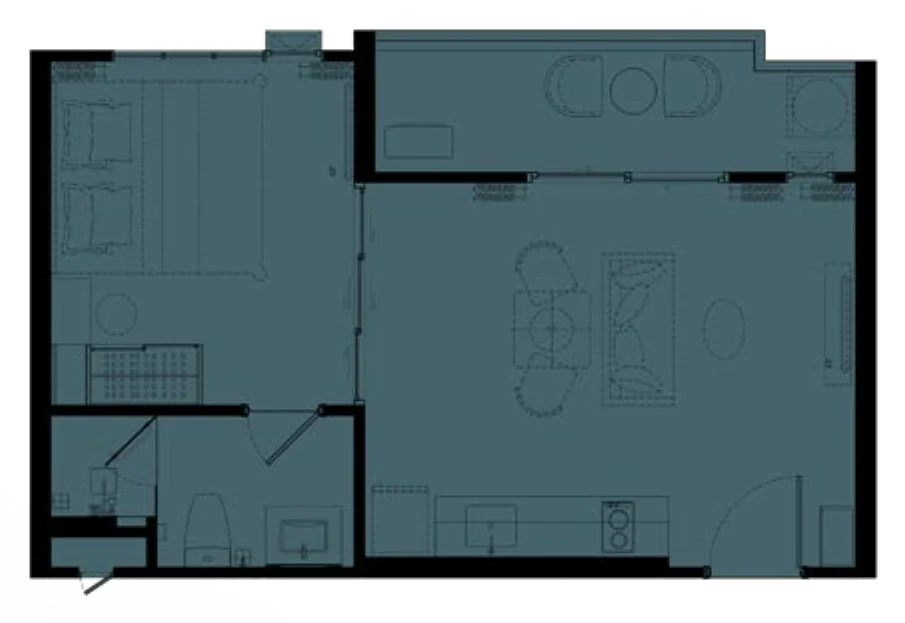 Grundriss der 1 Schlafzimmer XL, 41 m², Etagen 2–6 (Zeichnung des Bauträgers)