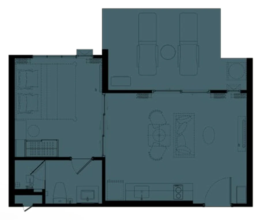 Grundriss der 1 Schlafzimmer XL auf Etage 1, 47 m² (Zeichnung des Bauträgers)